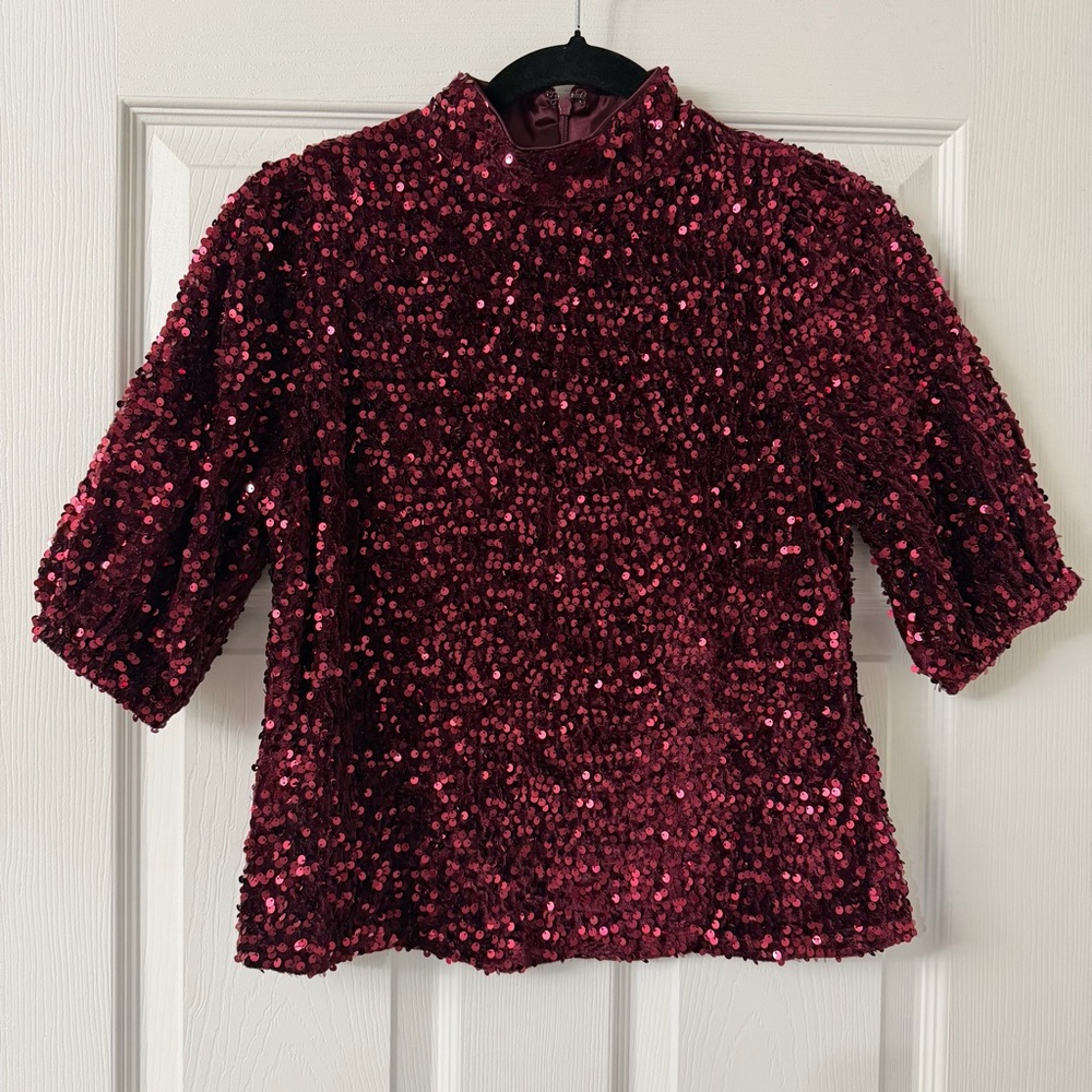 Nanette Lepore Burgundy Velvet Sequin Mock-Neck Evening Cocktail Top Size S